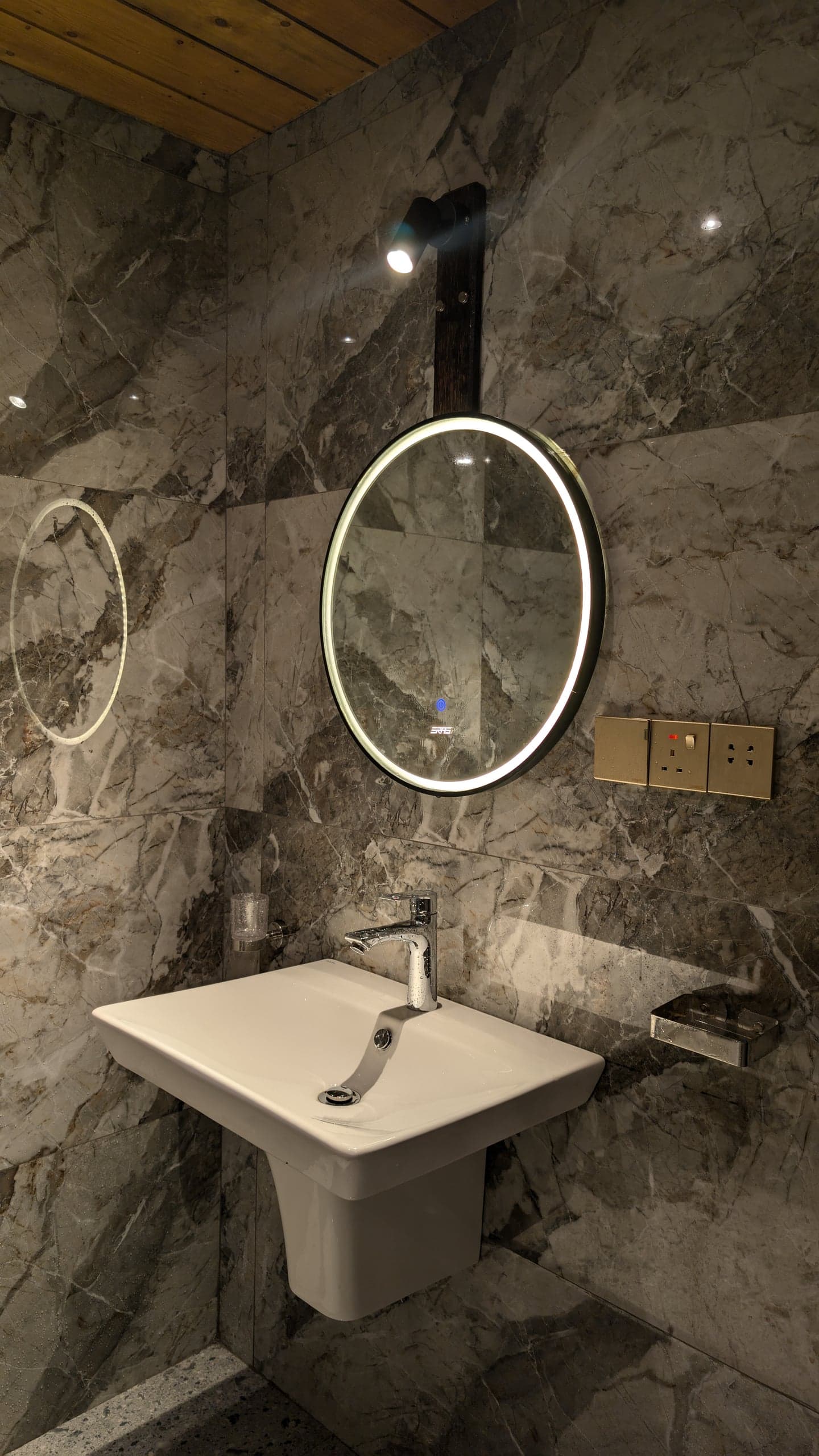 The A-frame's marble bathroom at Leisure Land, Galle