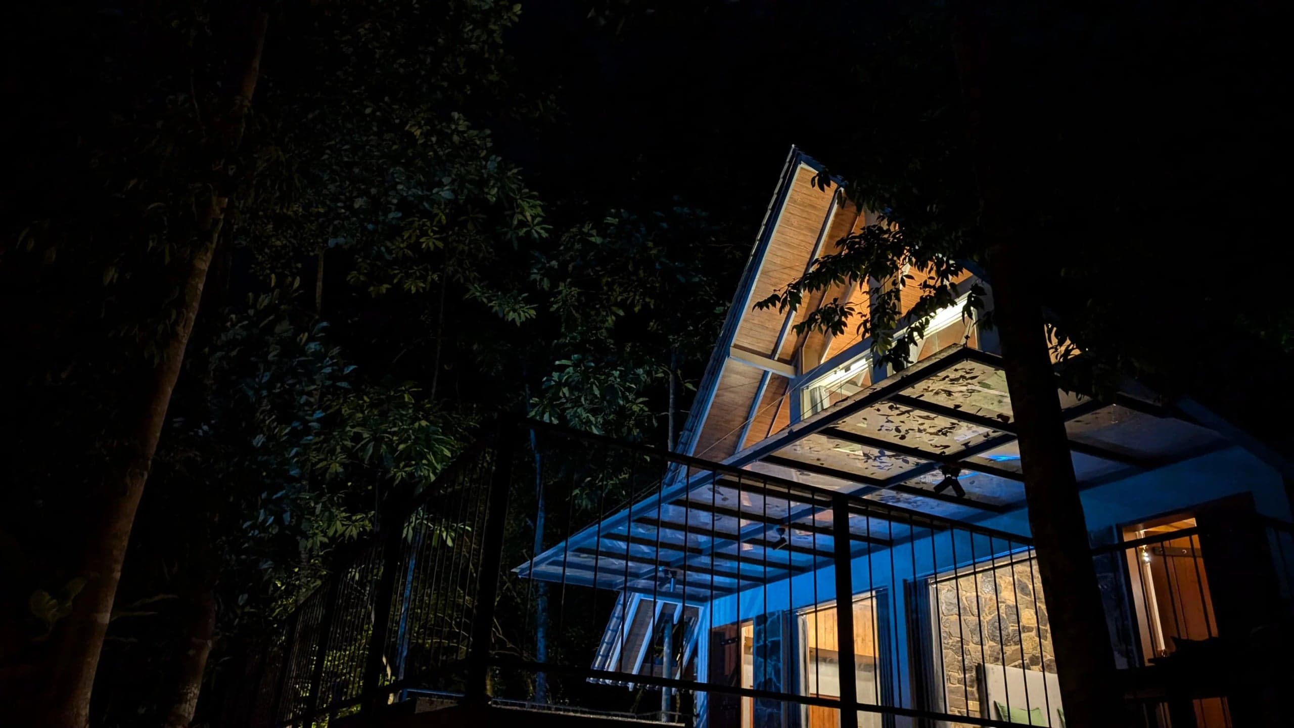 The A-frame villa at night at Leisure Land, Galle