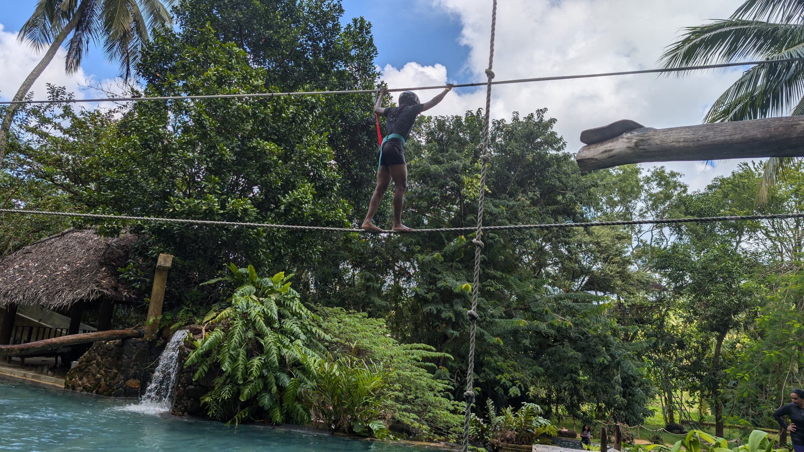Rope walking over the pool at Leisure Land, Galle